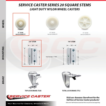 Service Caster 3 Inch Nylon Wheel Swivel 3/4 Inch Square Stem Caster Set SCC-SQ20S314-NYS-34-4